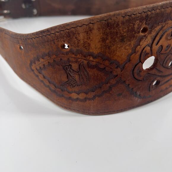 Wide Stamped Tooled Cut-out Vintage Leather Western Boho Belt Horseheads - Picture 16 of 16